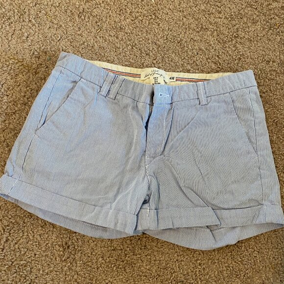 H&M LOGG Blue Striped Nautical Marine Textured Shorts Women Size 6 Beach Preppy - Picture 1 of 3